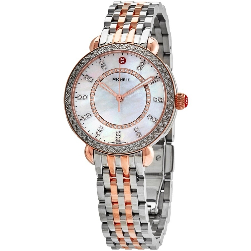 Michele Two-Tone Rose Gold & Silver Mother-of-Pearl Diamond Dial Watch
